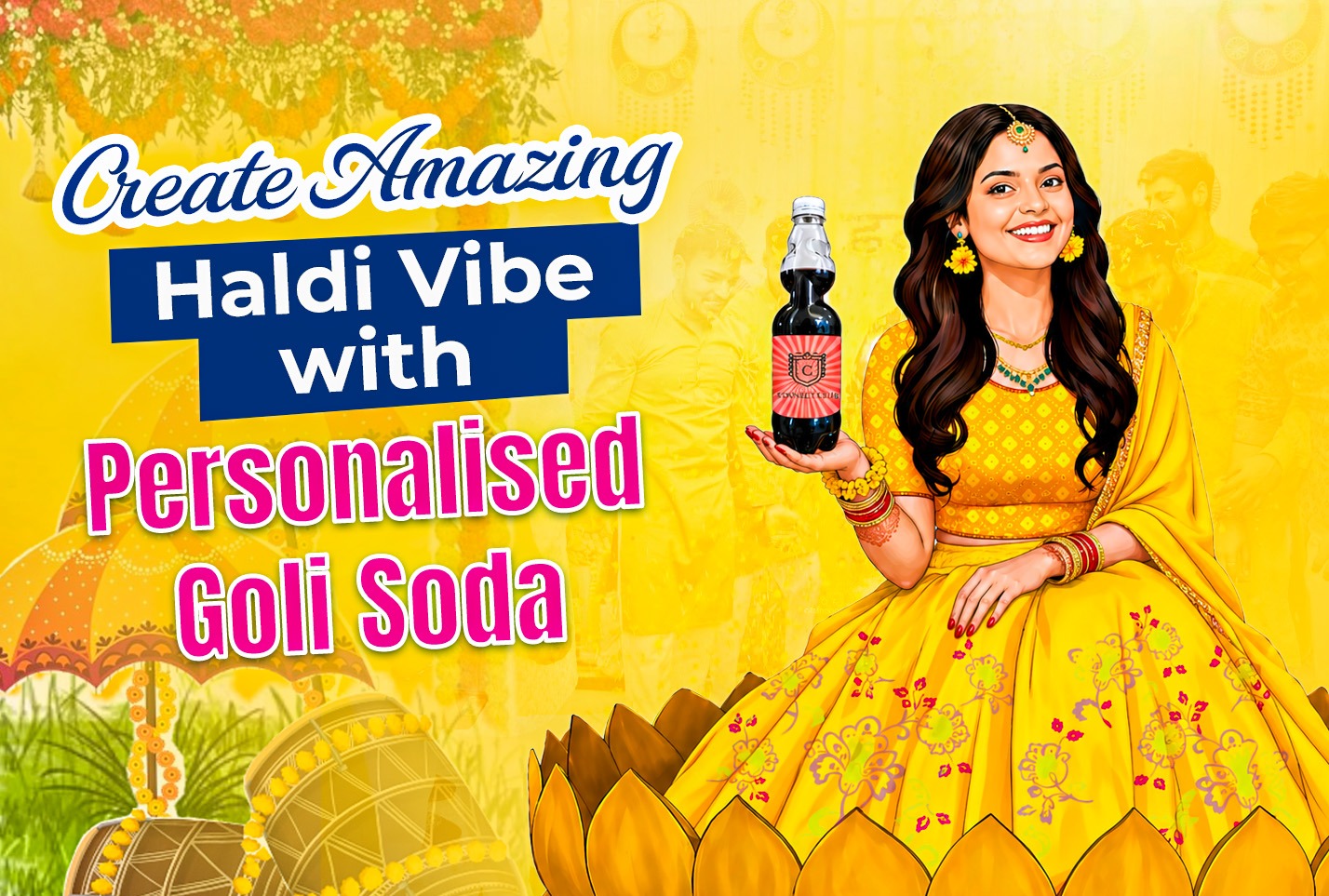 Guests enjoying customized goli soda drinks at a vibrant Haldi ceremony
